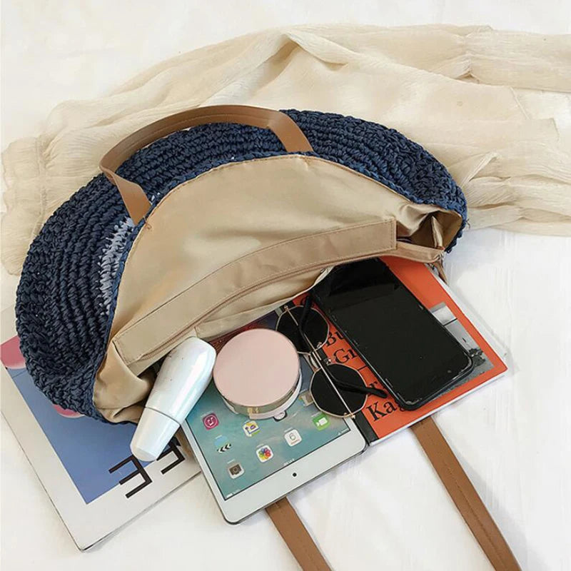 Large Capacity Round Women Fashionable Straw Woven Shoulder Bag Handmade Summer Beach Travel Holiday Women Tote Bags