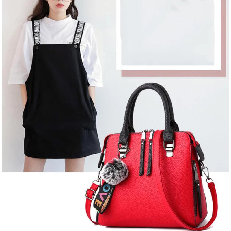 PU Leather Women Messenger Bag Fur Ball Crossbody Flap Bag Female  Shoulder Bag Solid Color Handbags
