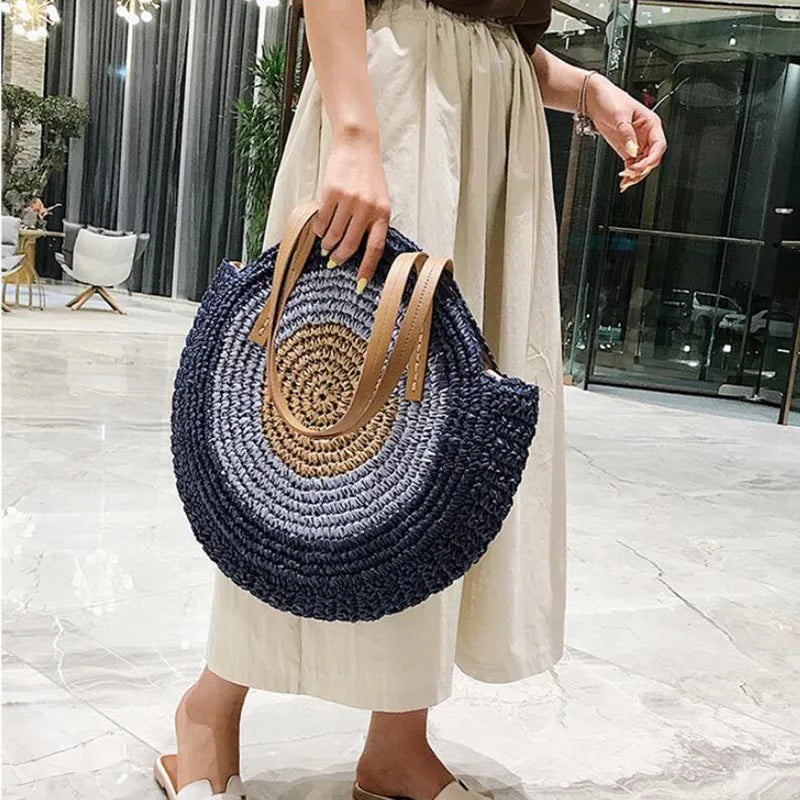 Large Capacity Round Women Fashionable Straw Woven Shoulder Bag Handmade Summer Beach Travel Holiday Women Tote Bags