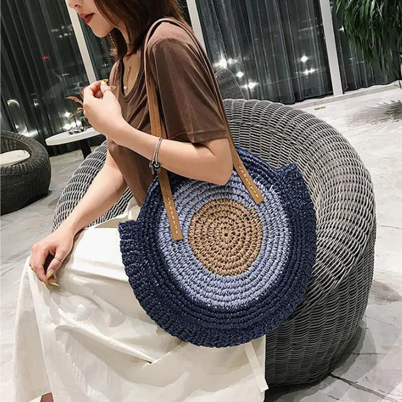 Large Capacity Round Women Fashionable Straw Woven Shoulder Bag Handmade Summer Beach Travel Holiday Women Tote Bags