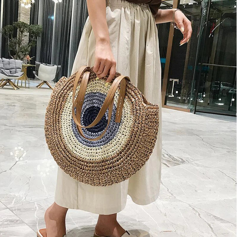 Large Capacity Round Women Fashionable Straw Woven Shoulder Bag Handmade Summer Beach Travel Holiday Women Tote Bags