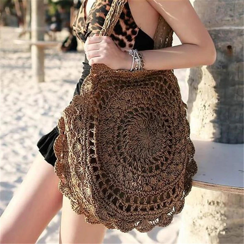 Bohemian Straw Bags for Women Circle Beach Handbags Summer Rattan Shoulder Bags Handmade Knitted Travel Big Totes Bag New