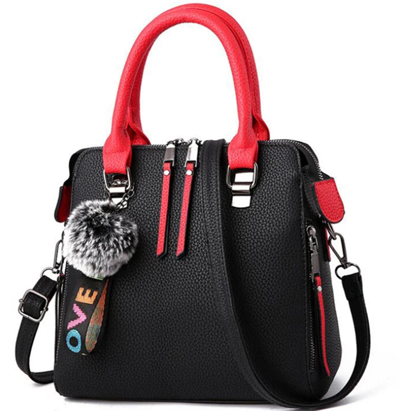 PU Leather Women Messenger Bag Fur Ball Crossbody Flap Bag Female  Shoulder Bag Solid Color Handbags