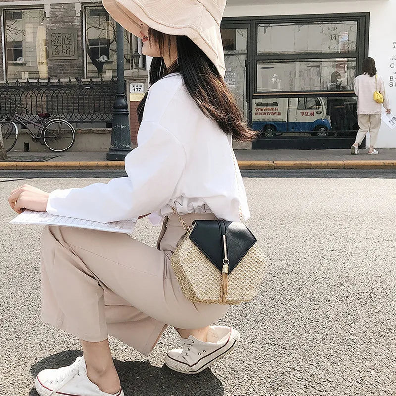 Hexagon Mulit Style Straw+leather Handbag Women Summer Rattan Bag Handmade Woven Beach Circle Bohemia Shoulder Bag