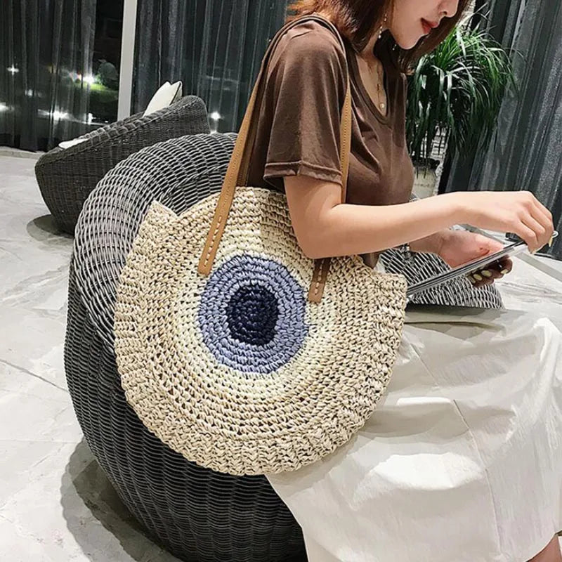 Large Capacity Round Women Fashionable Straw Woven Shoulder Bag Handmade Summer Beach Travel Holiday Women Tote Bags