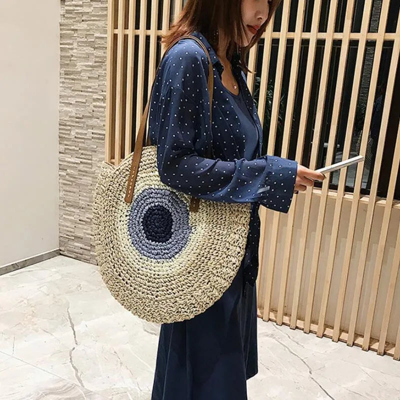 Large Capacity Round Women Fashionable Straw Woven Shoulder Bag Handmade Summer Beach Travel Holiday Women Tote Bags