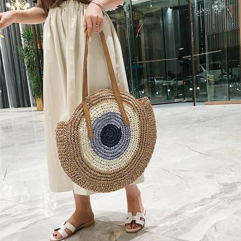 Large Capacity Round Women Fashionable Straw Woven Shoulder Bag Handmade Summer Beach Travel Holiday Women Tote Bags