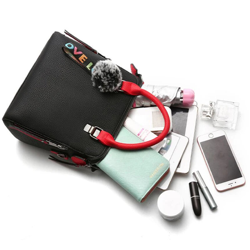 PU Leather Women Messenger Bag Fur Ball Crossbody Flap Bag Female  Shoulder Bag Solid Color Handbags