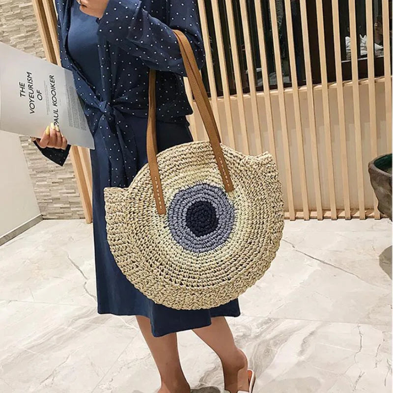 Large Capacity Round Women Fashionable Straw Woven Shoulder Bag Handmade Summer Beach Travel Holiday Women Tote Bags