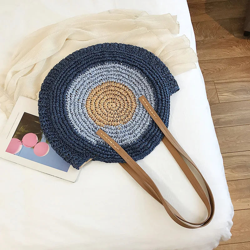 Large Capacity Round Women Fashionable Straw Woven Shoulder Bag Handmade Summer Beach Travel Holiday Women Tote Bags