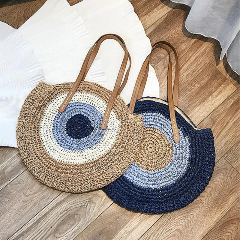 Large Capacity Round Women Fashionable Straw Woven Shoulder Bag Handmade Summer Beach Travel Holiday Women Tote Bags