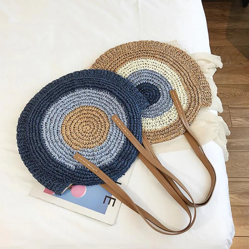 Large Capacity Round Women Fashionable Straw Woven Shoulder Bag Handmade Summer Beach Travel Holiday Women Tote Bags