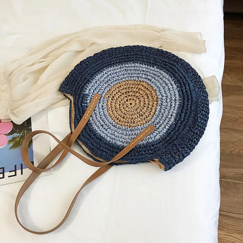 Large Capacity Round Women Fashionable Straw Woven Shoulder Bag Handmade Summer Beach Travel Holiday Women Tote Bags