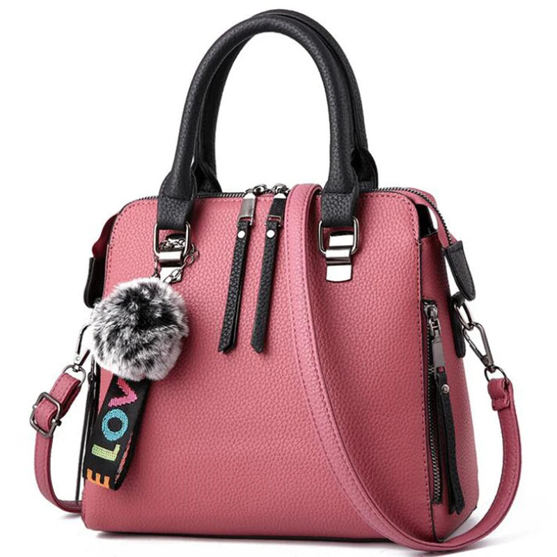 PU Leather Women Messenger Bag Fur Ball Crossbody Flap Bag Female  Shoulder Bag Solid Color Handbags