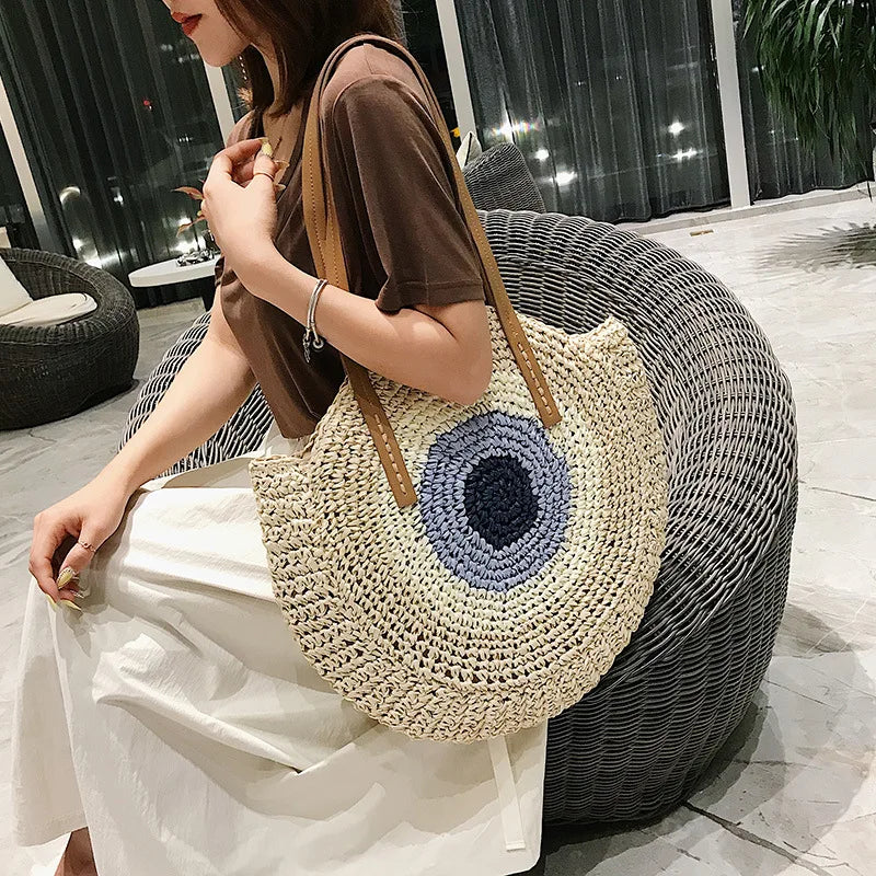 Large Capacity Round Women Fashionable Straw Woven Shoulder Bag Handmade Summer Beach Travel Holiday Women Tote Bags