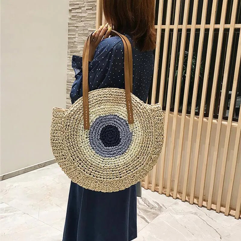 Large Capacity Round Women Fashionable Straw Woven Shoulder Bag Handmade Summer Beach Travel Holiday Women Tote Bags