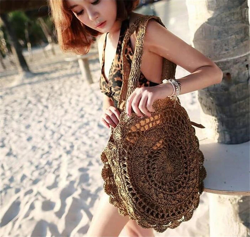 Bohemian Straw Bags for Women Circle Beach Handbags Summer Rattan Shoulder Bags Handmade Knitted Travel Big Totes Bag New
