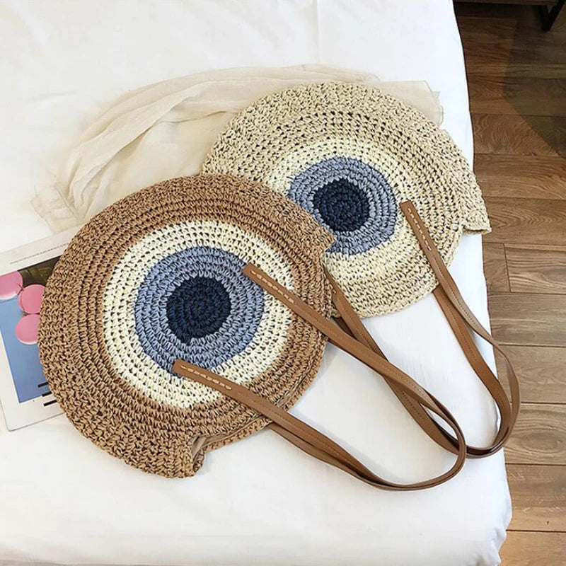 Large Capacity Round Women Fashionable Straw Woven Shoulder Bag Handmade Summer Beach Travel Holiday Women Tote Bags