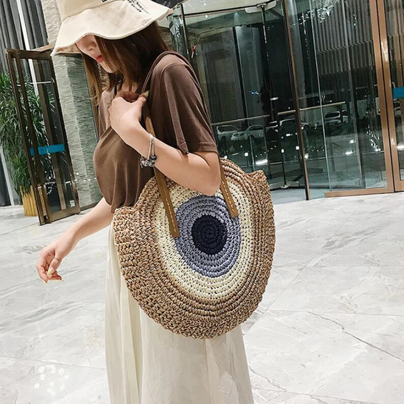 Large Capacity Round Women Fashionable Straw Woven Shoulder Bag Handmade Summer Beach Travel Holiday Women Tote Bags