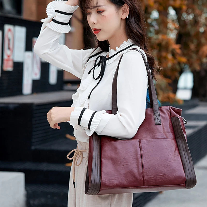 Soft Leather Women's Totes Bags High Capacity Shouldr Bag Luxury Middle-aged Lady Top-handle Bag Casual Armpit Bag Travel Pack