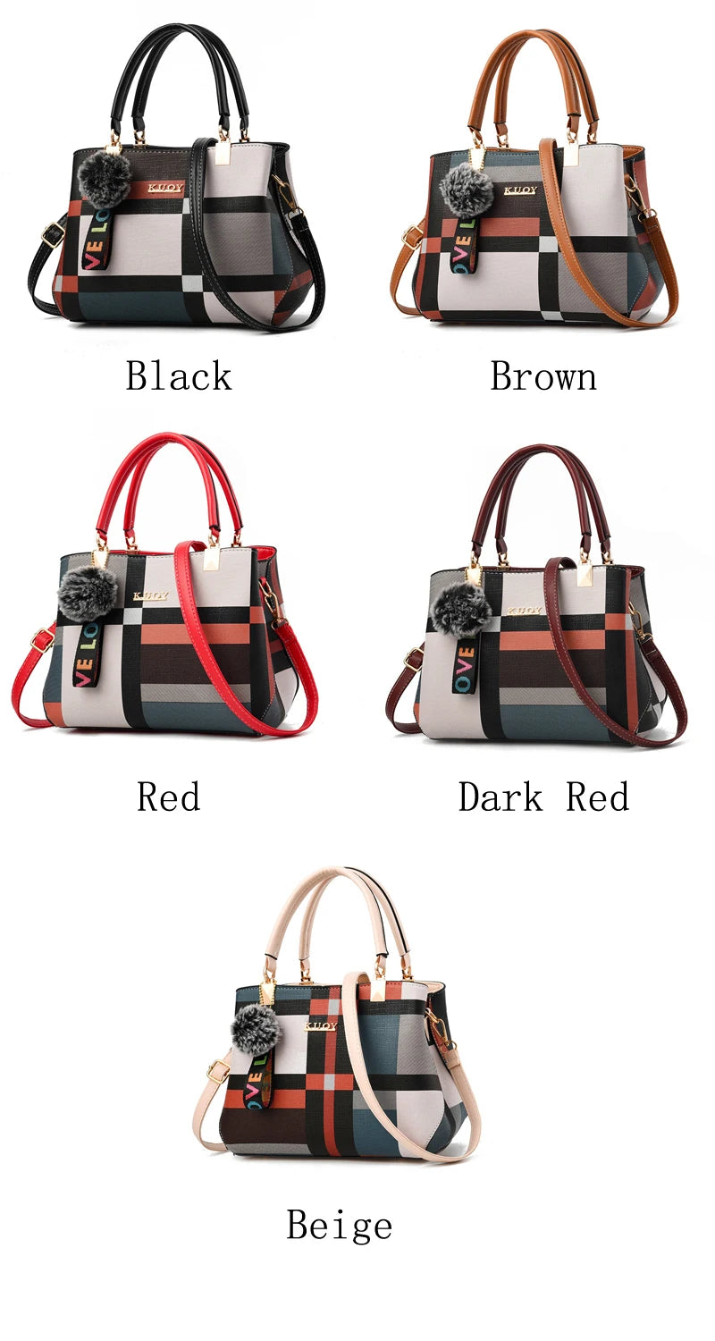 Luxury Plaid Handbag Women Hairball PU Leather Shoulder Bag Large Capacity Crossbody Bag Brand Handle Bag Shopping Lady Tote sac