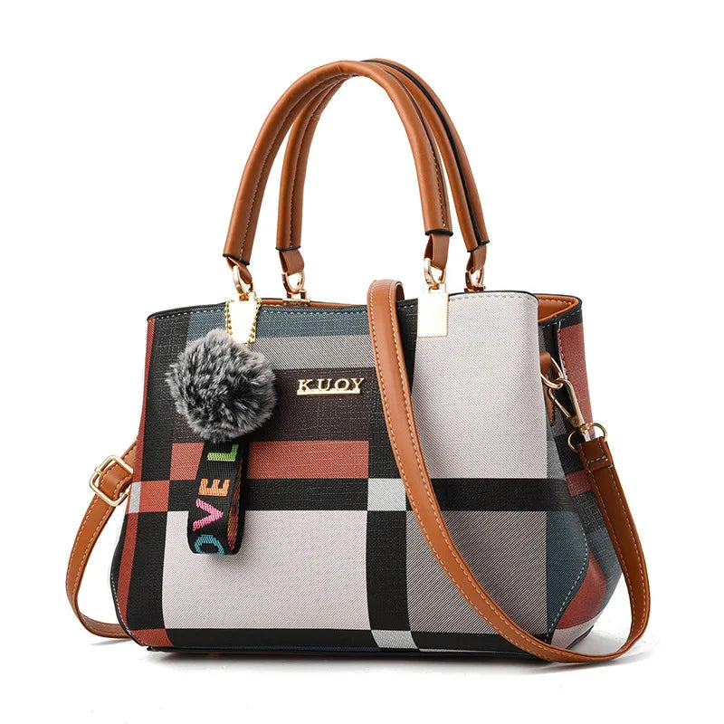 Luxury Plaid Handbag Women Hairball PU Leather Shoulder Bag Large Capacity Crossbody Bag Brand Handle Bag Shopping Lady Tote sac