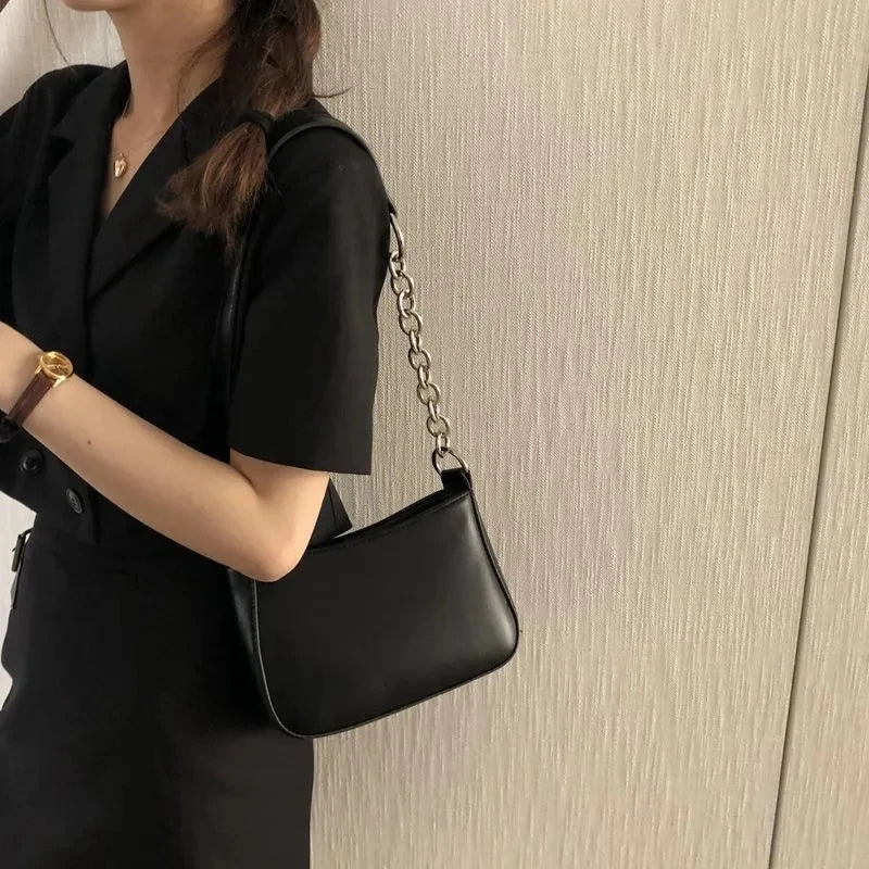Simple Style Hot Shoulder Bag Women Black Handbag PU Leather Armpit Messenger Bags Purse  New Fashion