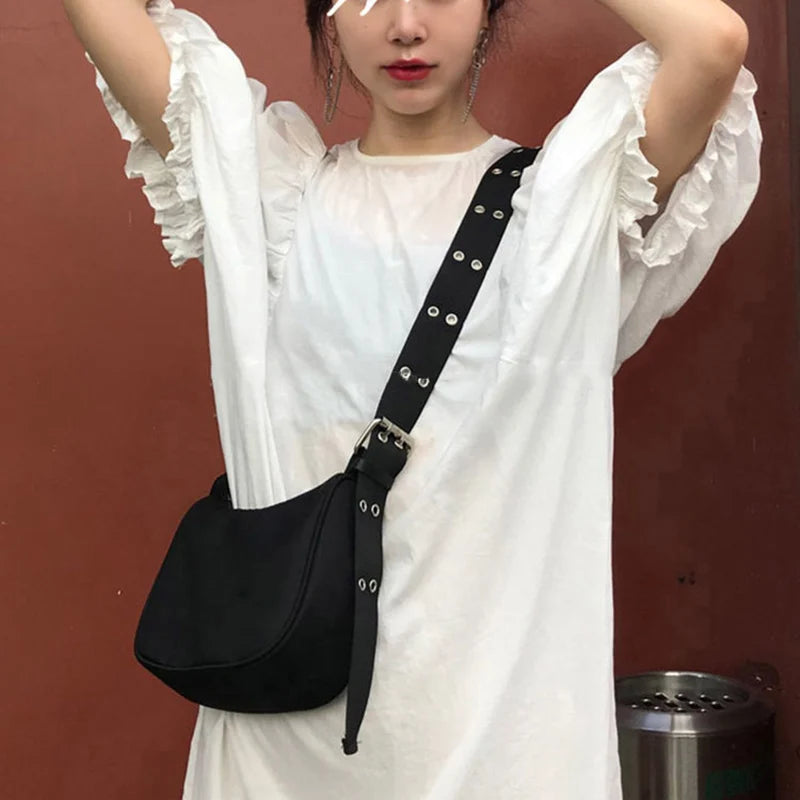 Casual Shoulder Bags For Women Black Waterproof Nylon Crossbody Bag Cool Girls Underarm Handbag Purse