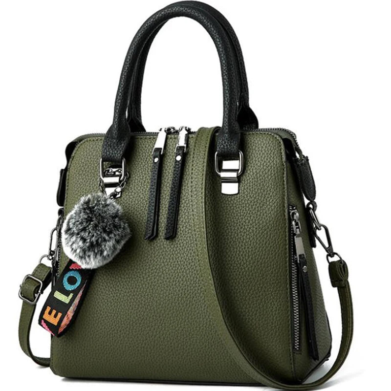 PU Leather Women Messenger Bag Fur Ball Crossbody Flap Bag Female  Shoulder Bag Solid Color Handbags