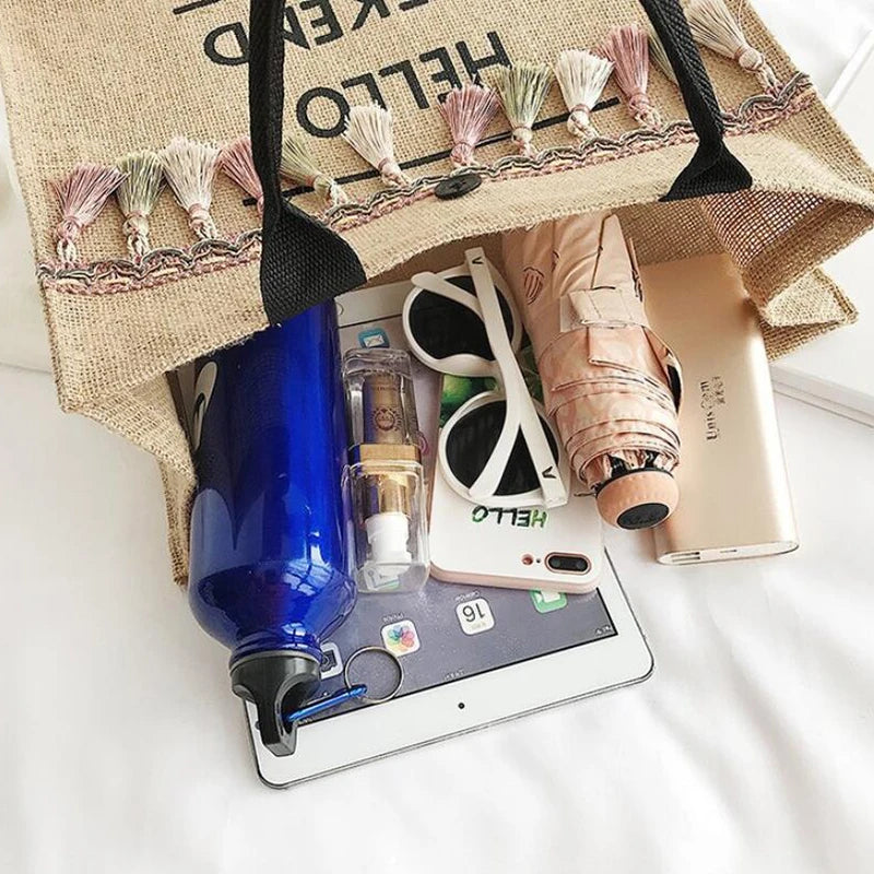 Canvas Handbag Women Large Capacity Tassel Shoulder Bag Simple letter Top-handle Bag Linen Lady Tote Shopping Weekend Bag Bolso