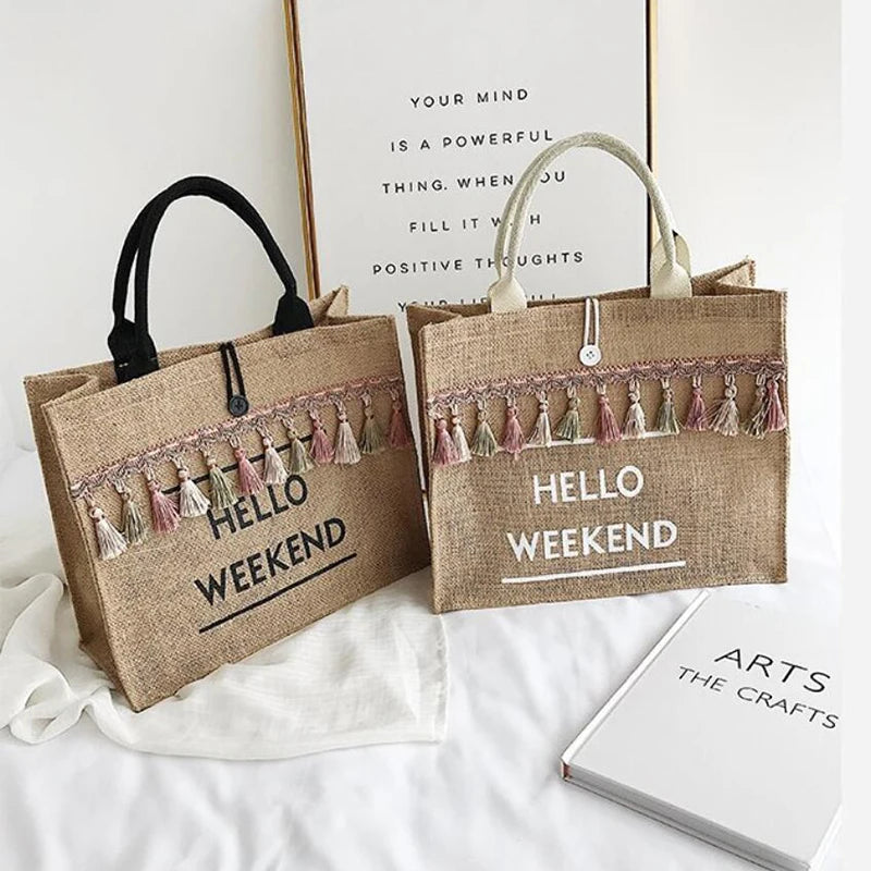 Canvas Handbag Women Large Capacity Tassel Shoulder Bag Simple letter Top-handle Bag Linen Lady Tote Shopping Weekend Bag Bolso