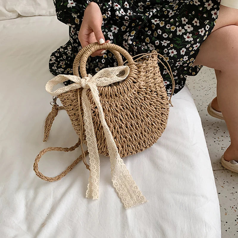 Straw Bag Women Hand-Woven Handbag Moon Shape Lace Bow Rattan Bag Big Capacity Drawstring Casual Beach Shoulder Crossbody Bag
