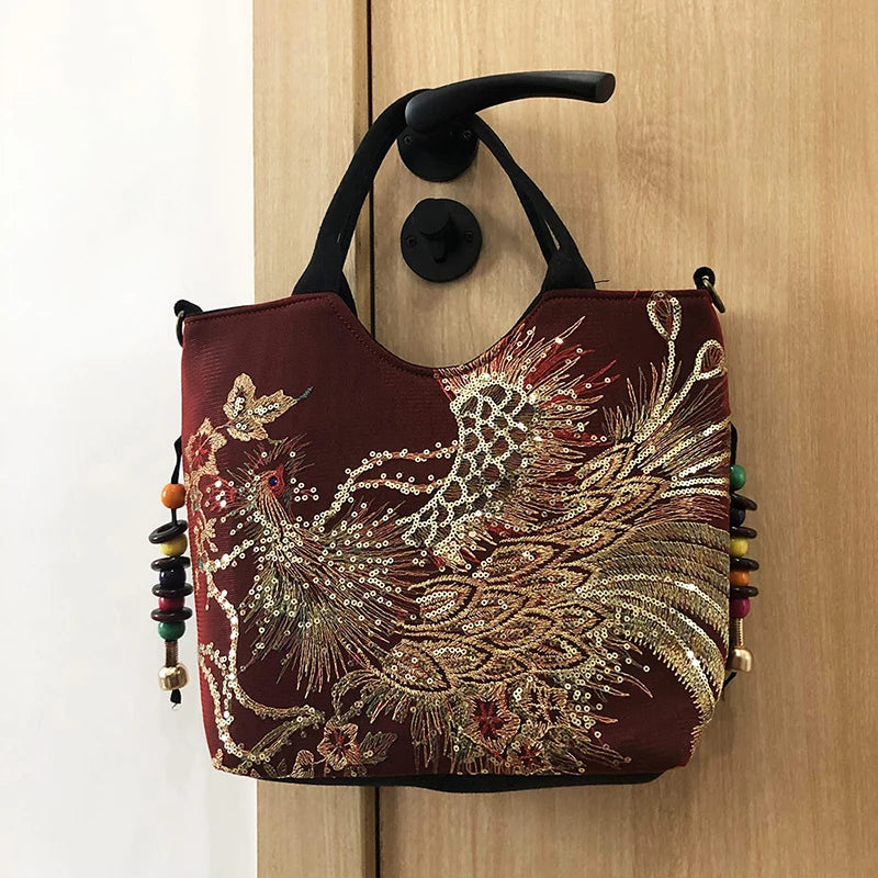 Women Shoulder Bag Handmade Shiny Peacock Embroidered Bohemia Handbag Retro Large Capacity Canvas Tote Shopping Messenger Purse