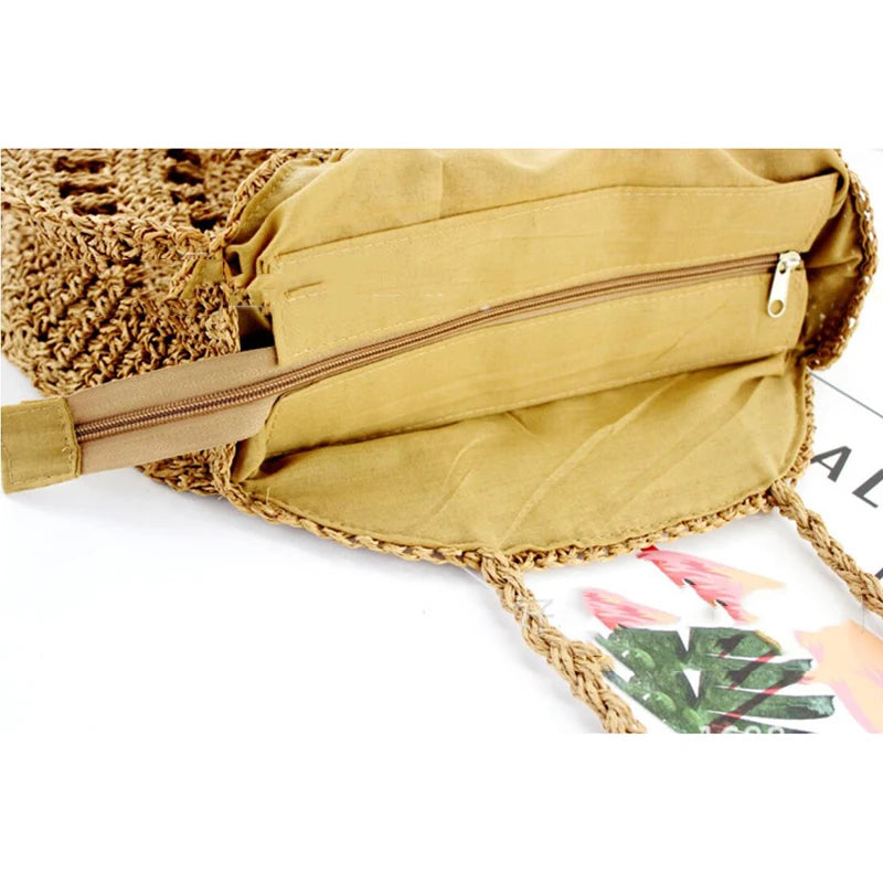 Summer Round Straw Bag Women Woven Rattan Beach Bag Hot New Shoulder Bag Circle Hollow Out Handle Bag Casual Shopper Tote Pouch
