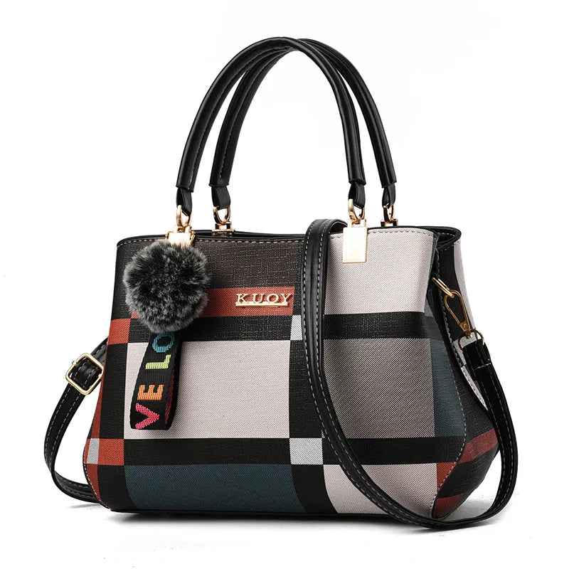 Luxury Plaid Handbag Women Hairball PU Leather Shoulder Bag Large Capacity Crossbody Bag Brand Handle Bag Shopping Lady Tote sac