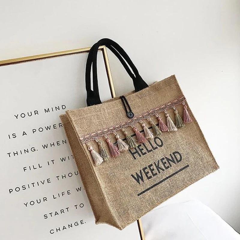 Canvas Handbag Women Large Capacity Tassel Shoulder Bag Simple letter Top-handle Bag Linen Lady Tote Shopping Weekend Bag Bolso