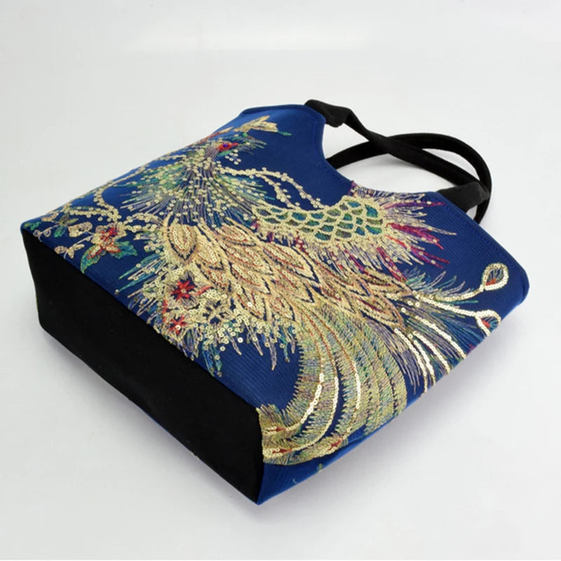 Women Shoulder Bag Handmade Shiny Peacock Embroidered Bohemia Handbag Retro Large Capacity Canvas Tote Shopping Messenger Purse