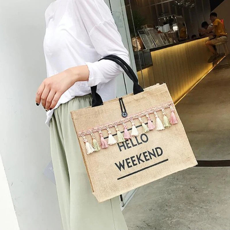 Canvas Handbag Women Large Capacity Tassel Shoulder Bag Simple letter Top-handle Bag Linen Lady Tote Shopping Weekend Bag Bolso