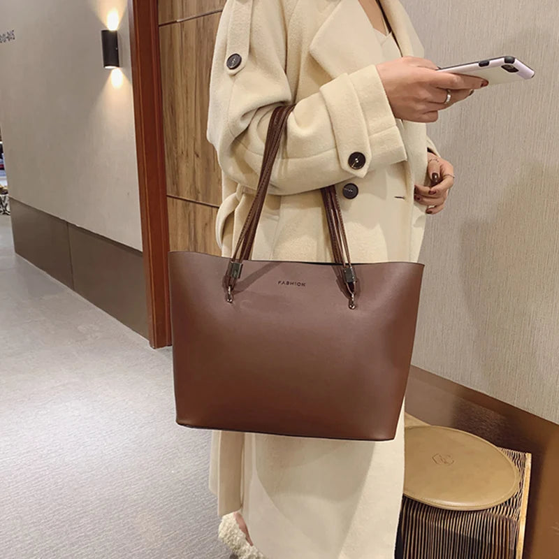 Simple Style Large Capacity Shoulder Bags For Women Solid Color Fashion Pu Leather Handbag Totes Female Shopping Bag Pack