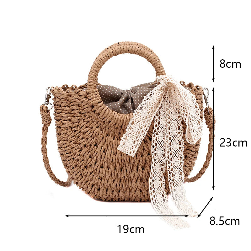 Straw Bag Women Hand-Woven Handbag Moon Shape Lace Bow Rattan Bag Big Capacity Drawstring Casual Beach Shoulder Crossbody Bag