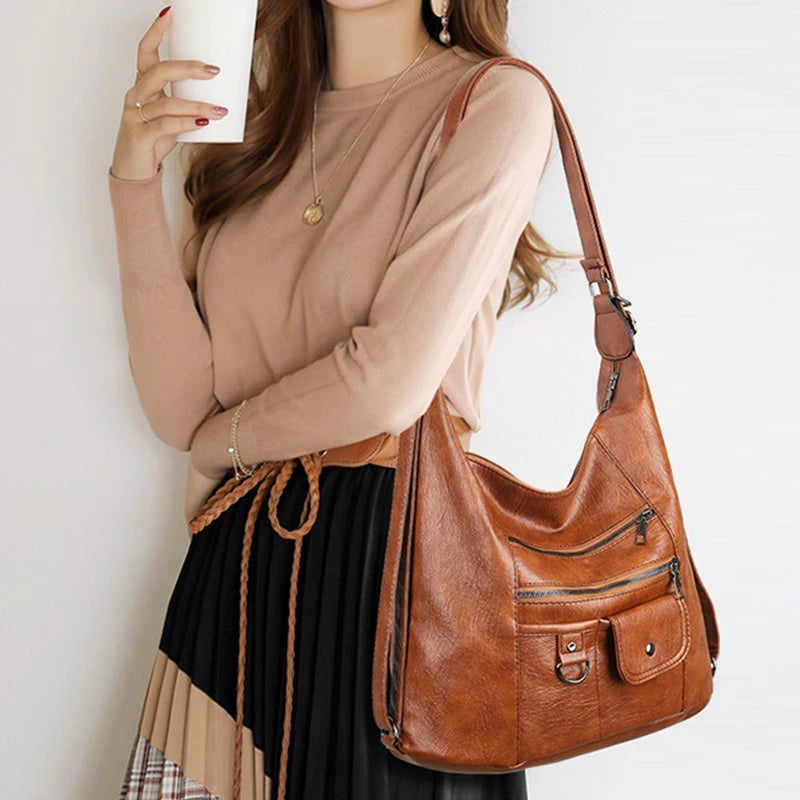 Casual PU Leather Tote Bags for Women Large Capacity Hobo Handbags Retro Patchwork Shoulder Bag Female Crossbody Shopper Bag