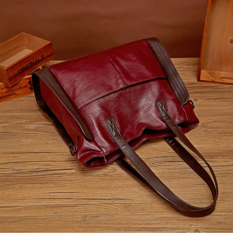 Soft Leather Women's Totes Bags High Capacity Shouldr Bag Luxury Middle-aged Lady Top-handle Bag Casual Armpit Bag Travel Pack