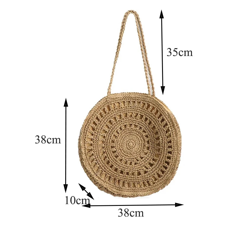 Summer Round Straw Bag Women Woven Rattan Beach Bag Hot New Shoulder Bag Circle Hollow Out Handle Bag Casual Shopper Tote Pouch