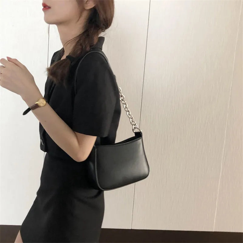 Simple Style Hot Shoulder Bag Women Black Handbag PU Leather Armpit Messenger Bags Purse  New Fashion