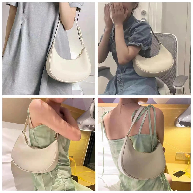 Womens Fashion Handbags Retro Solid Color Pu Leather Bag Half Simple Color Underarm Shoulder Bag Moon Casual Purse