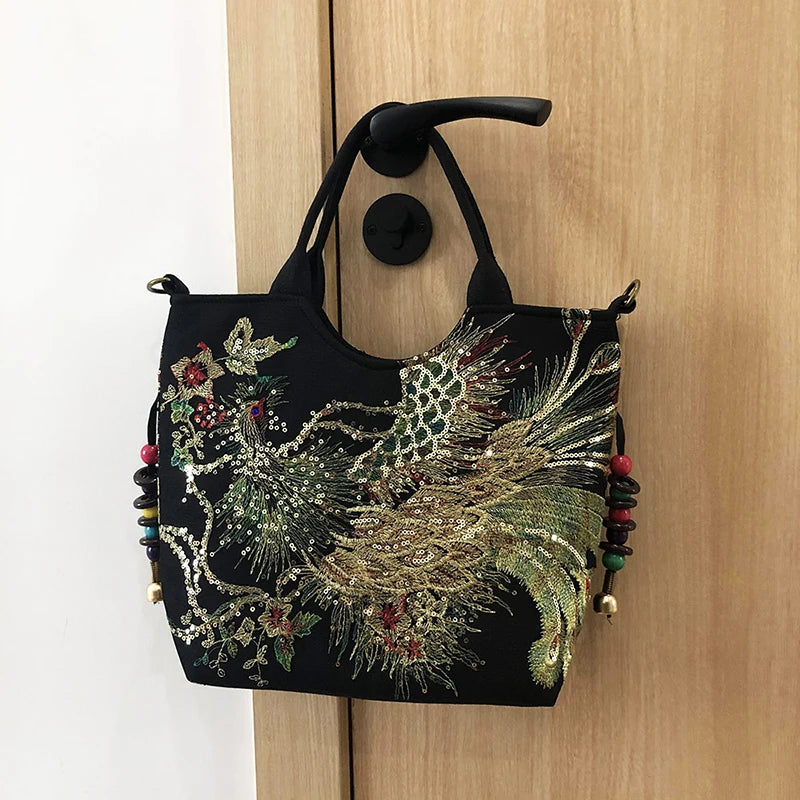 Women Shoulder Bag Handmade Shiny Peacock Embroidered Bohemia Handbag Retro Large Capacity Canvas Tote Shopping Messenger Purse