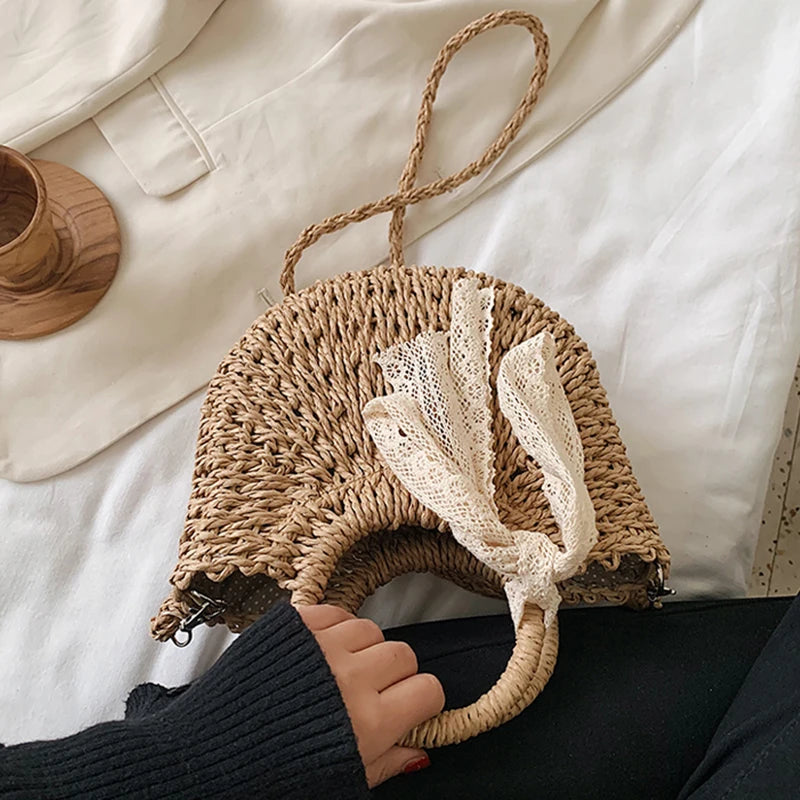 Straw Bag Women Hand-Woven Handbag Moon Shape Lace Bow Rattan Bag Big Capacity Drawstring Casual Beach Shoulder Crossbody Bag