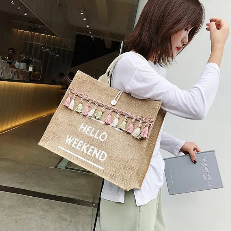 Canvas Handbag Women Large Capacity Tassel Shoulder Bag Simple letter Top-handle Bag Linen Lady Tote Shopping Weekend Bag Bolso
