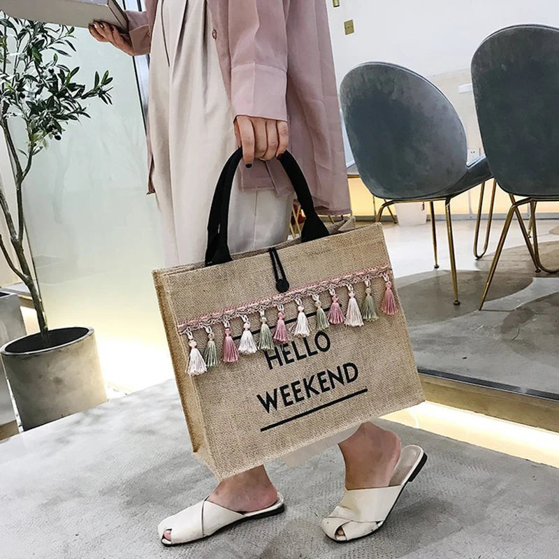 Canvas Handbag Women Large Capacity Tassel Shoulder Bag Simple letter Top-handle Bag Linen Lady Tote Shopping Weekend Bag Bolso