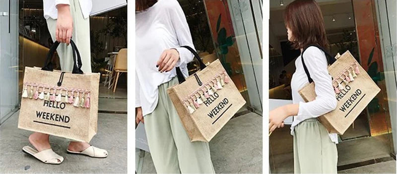 Canvas Handbag Women Large Capacity Tassel Shoulder Bag Simple letter Top-handle Bag Linen Lady Tote Shopping Weekend Bag Bolso